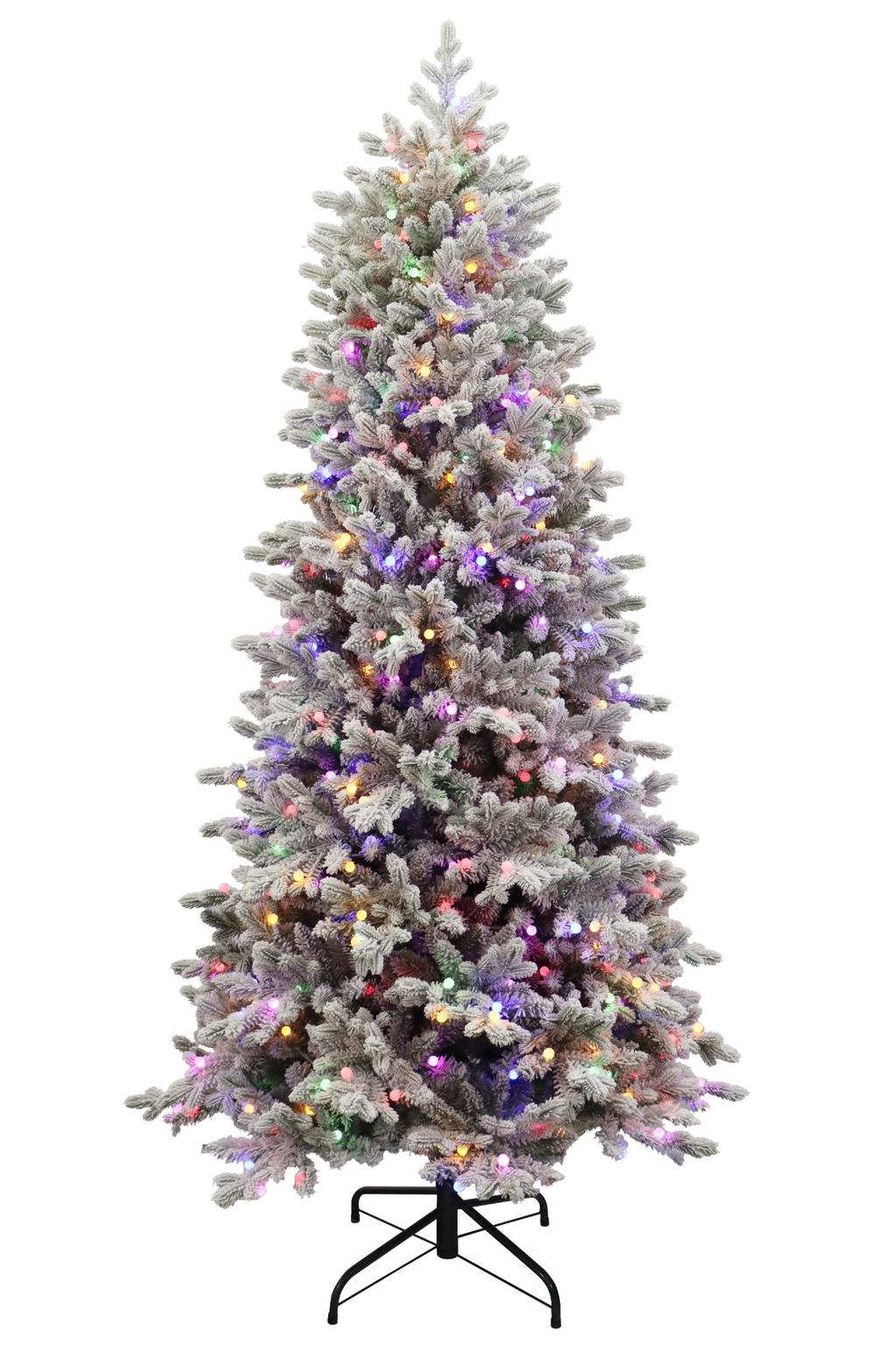 Puleo International 7.5ft Pre-Lit Slim Belmont Green PE/PVC Flocked Tree with Dual Color LED Lights with Functions, Foot Pedal, Remote Control, and Quick Pole